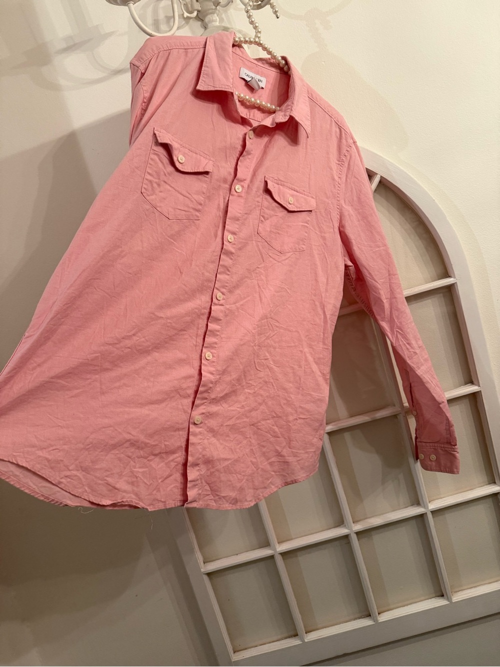 Calvin Klein Pink Linen Cotton Button Up Shirt Men's Large L/G Two Pocket
